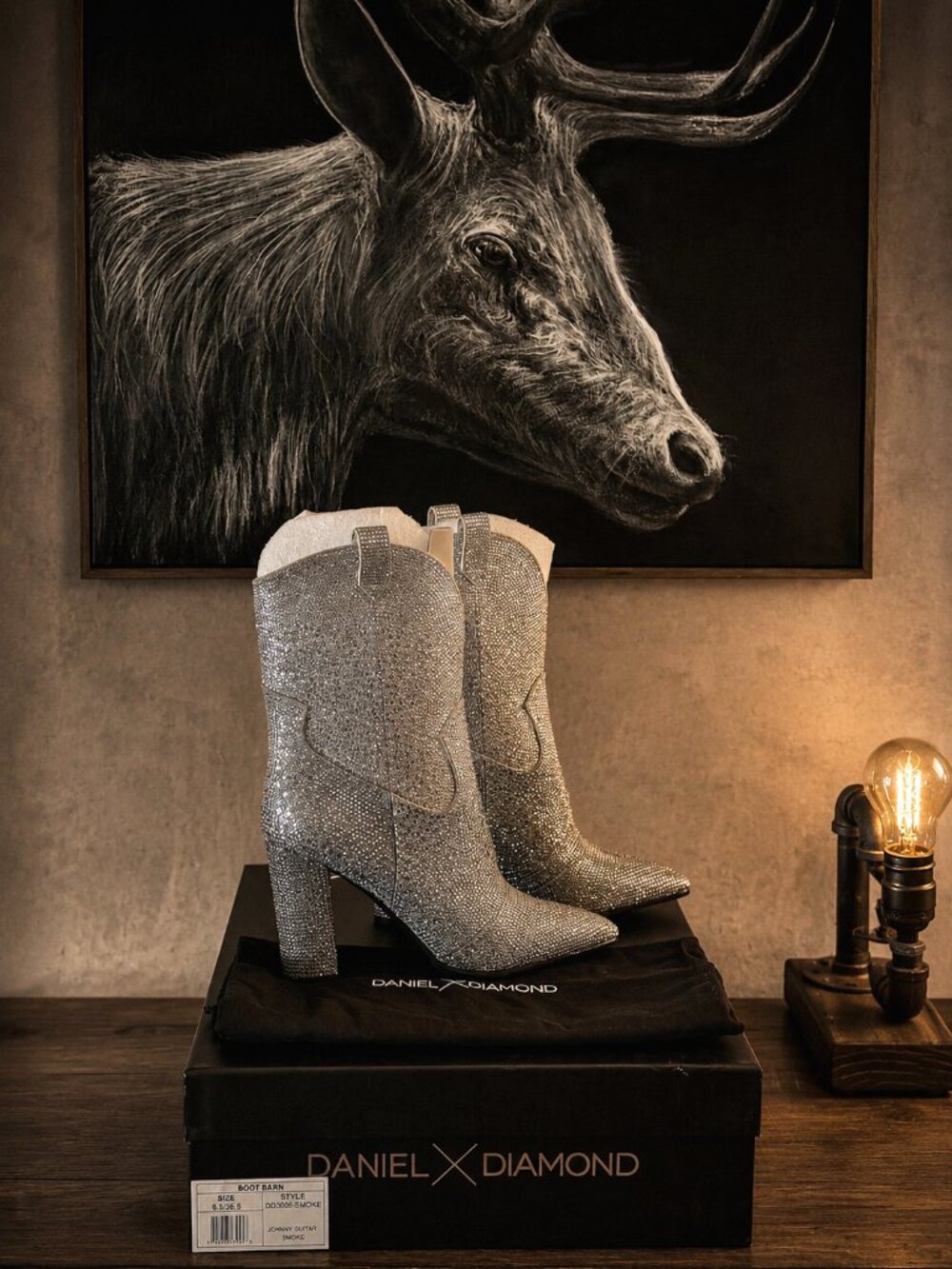 DANIEL X DIAMOND JOHNNY GUITAR CRYSTAL BOOTS | SMOKE | SIZE 6.5